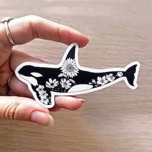 ORCA STICKER - Pegatina de ballena orca con flores - resistente al agua - Ilustración de biología marina - para amantes del océano y buceadores