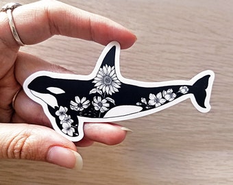 Sticker bloemen orca walvis – waterdichte kunst mariene biologie
