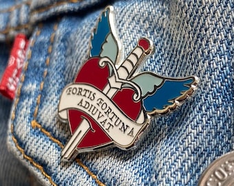 Fortune Favors The Bold Hard Enamel Pin | Fortis Fortuna Adiuvat | Tattoo Style Heart & Wings | Be Brave Gift | Gift for Stoic | Latin Badge