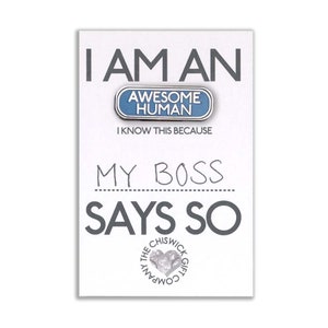 May include: A white card with the text "I am an Awesome Human. I know this because my boss says so."  The card features a blue enamel pin with the text "Awesome Human" in white. The card is from The Chiswick Gift Company.