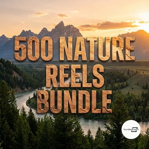 以下が含まれることがあります： 山、川、木々が描かれた風景画像。「500 NATURE REELS BUNDLE」の文字が、質感のある金色のフォントで表示されています。空はオレンジから青に変化しています。