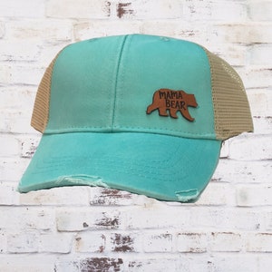 Mama Bear, teal front mesh back structured Adams hat leather patch