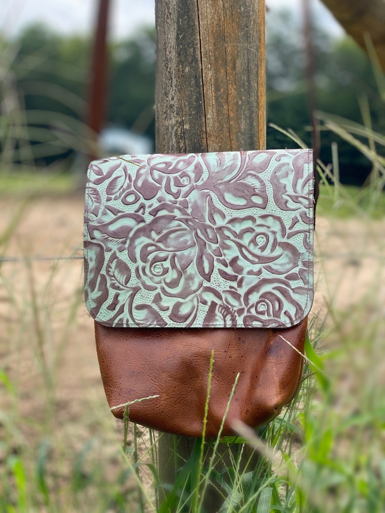 Brown and Teal leather crossbody handbag