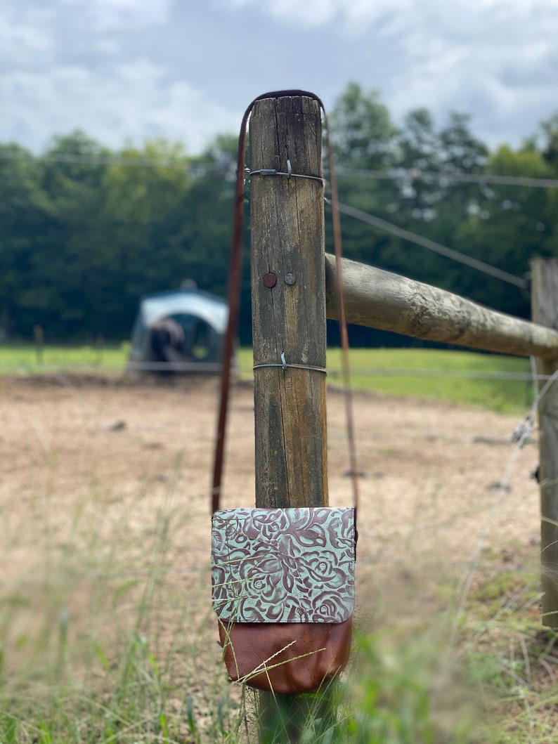 Brown and Teal leather crossbody handbag