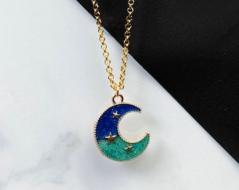 Celestial Blue and Gold Moon Charm Necklace