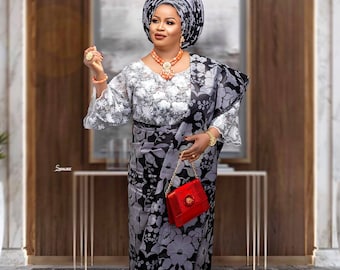 Nigerian wrapper, gele and pele damask. Complete set of Damask.