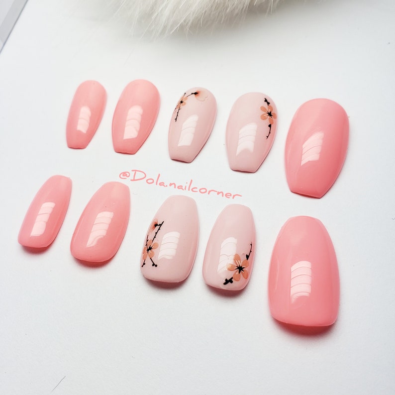 Peach Blossom Luxury Press on Nails Set 10 Nails Flower | Etsy