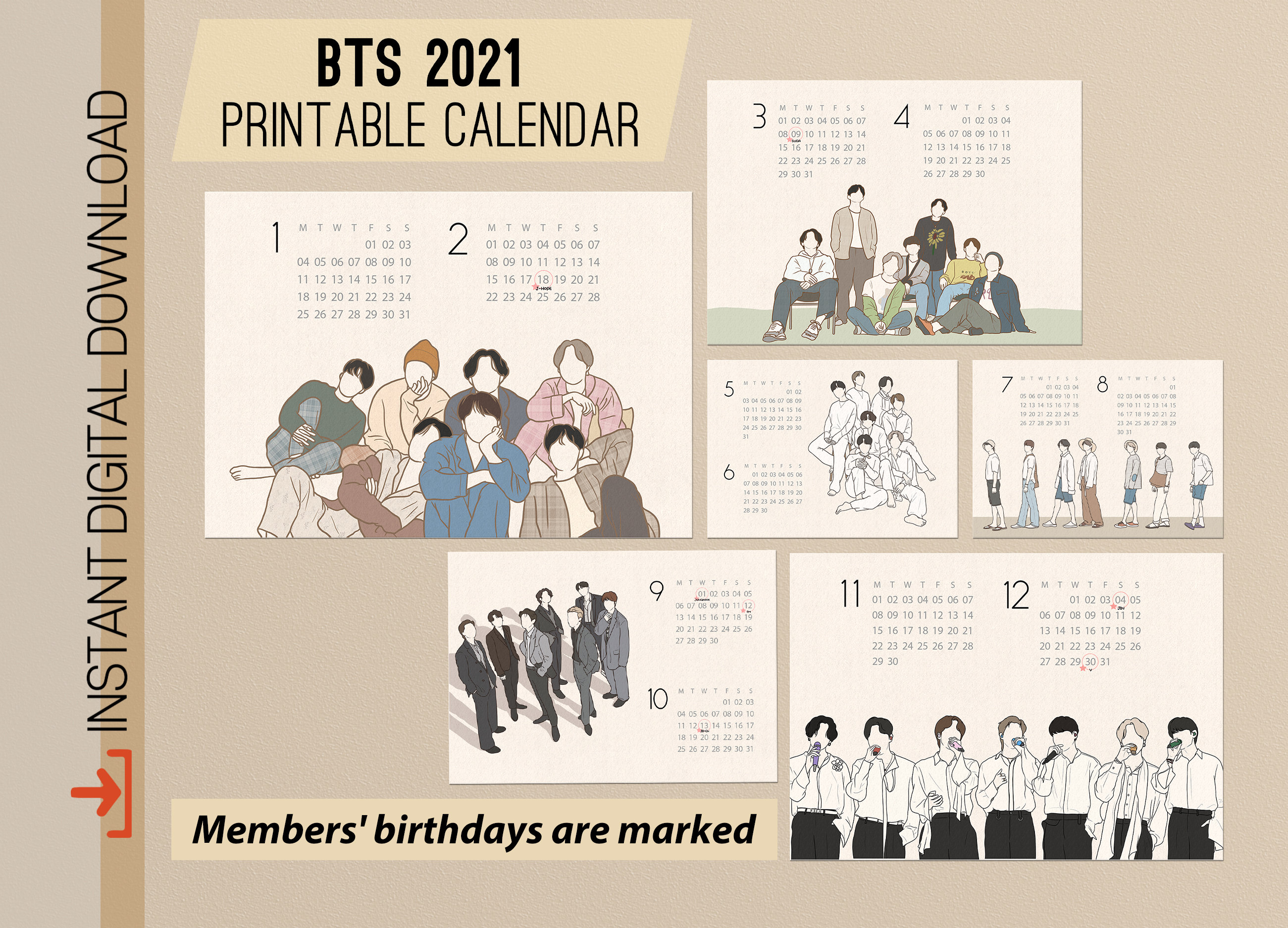 BTS 2021 Calendar BTS Printable Calendar BTS Wall Calendar Etsy
