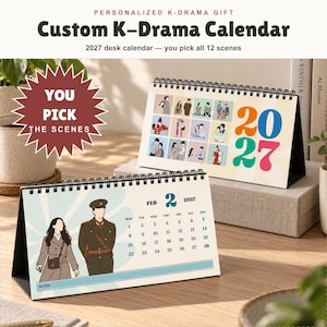 May include: A 2027 desk calendar featuring custom K-Drama illustrations. The cover displays a grid of twelve small character scenes and the year 2027 in large, colorful typography. The open page shows February 2027 with a character illustration.