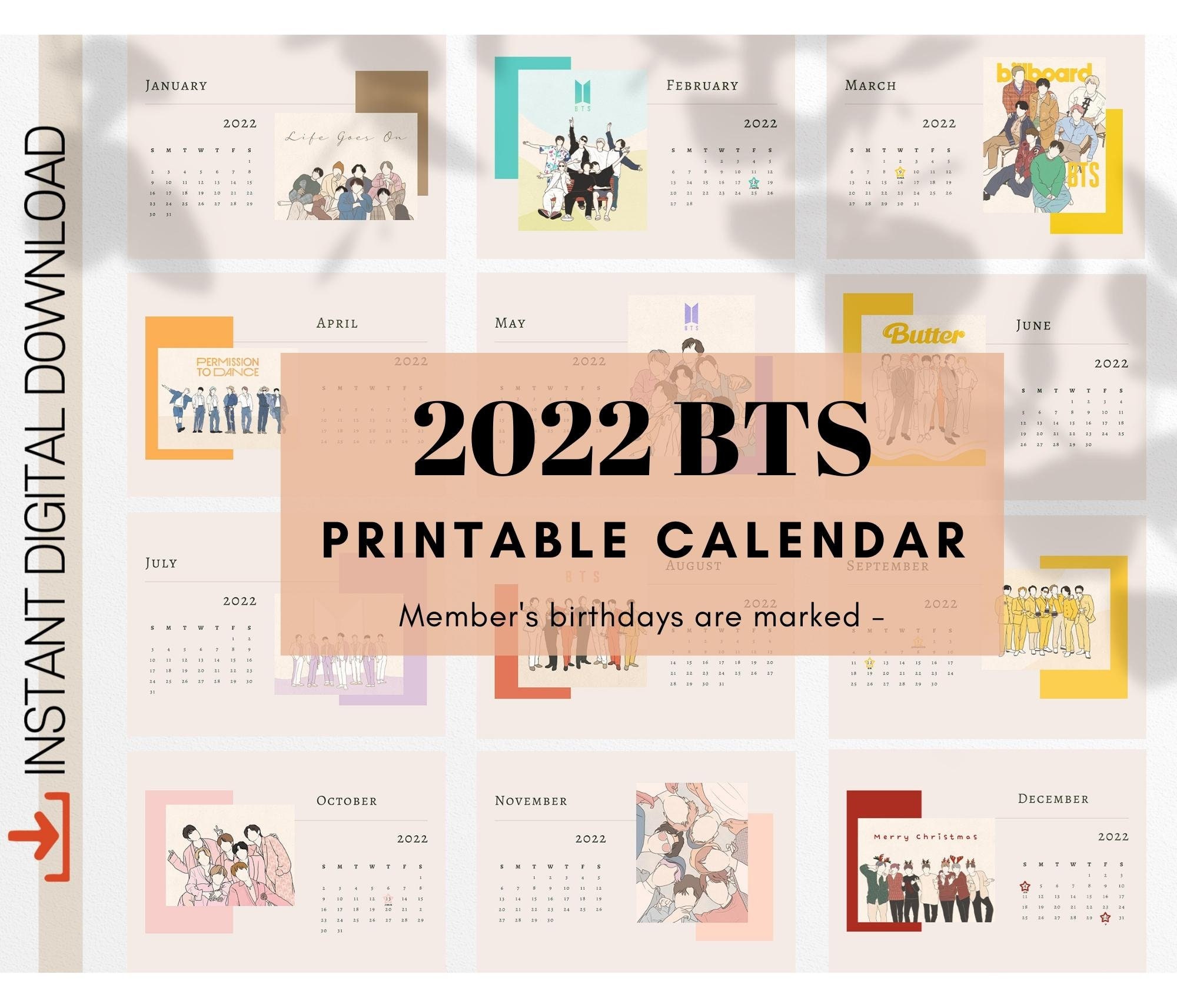 bts 2022 calendar bts printable calendar bts wall calendar etsy