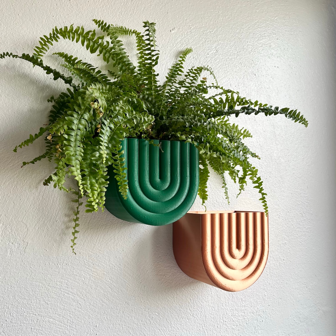 10 Fun Wall Hanging Planters To Bring Nature Indoor 3 May include: Two wall mounted planters, one green and one orange, in the shape of a half circle with a series of ridges. A green fern plant is growing out of the green planter.