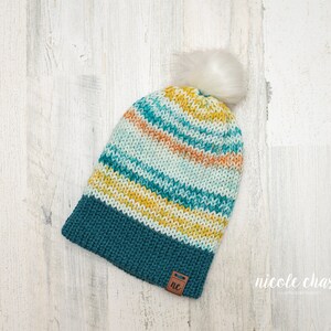 Teal Knit Beanie for Women / Fall Beanie / Fall Colors / Faux Fur Pom