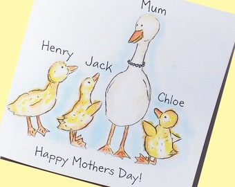 Mother's Day Card, Personalised Card, Mom or Mum,  From all the family, Duck and Ducklings, illustration