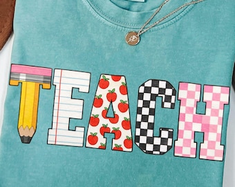 Checkered TEACH PNG, Coquette 1st 2nd 3rd Grade Teacher Png, Colorful, Teacher Back to School PNG Disstressed