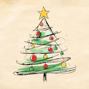 10 Line Art Christmas Tree Clipart, Printable Watercolor clipart, High Quality PNG, Minimalistic, Paper craft, journal, Digital download