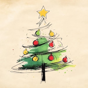 10 Line Art Christmas Tree Clipart, Printable Watercolor clipart, High Quality PNG, Minimalistic, Paper craft, journal, Digital download