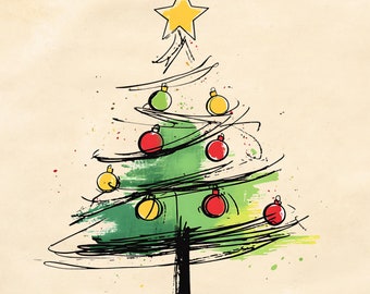 10 cliparts arbre de Noël art ligne, clipart aquarelle imprimable, PNG de haute qualité, minimaliste, créations en papier, journal, téléchargement numérique