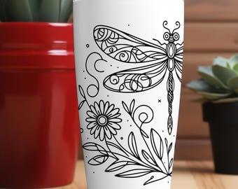 Floral Dragonfly Laser Wrap SVG for Laser, Rotary Seamless Design Digital Download, Sunflower Dragonflies Engraved Full Wrap 40oz Tumbler
