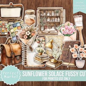 May include: Watercolor illustrations of vintage-themed items, including a leather satchel, paint palette, books, flowers, and a desk lamp. The text "SUNFLOWER SOLACE FUSSY CUTS" is displayed. The image has a digital download print theme.