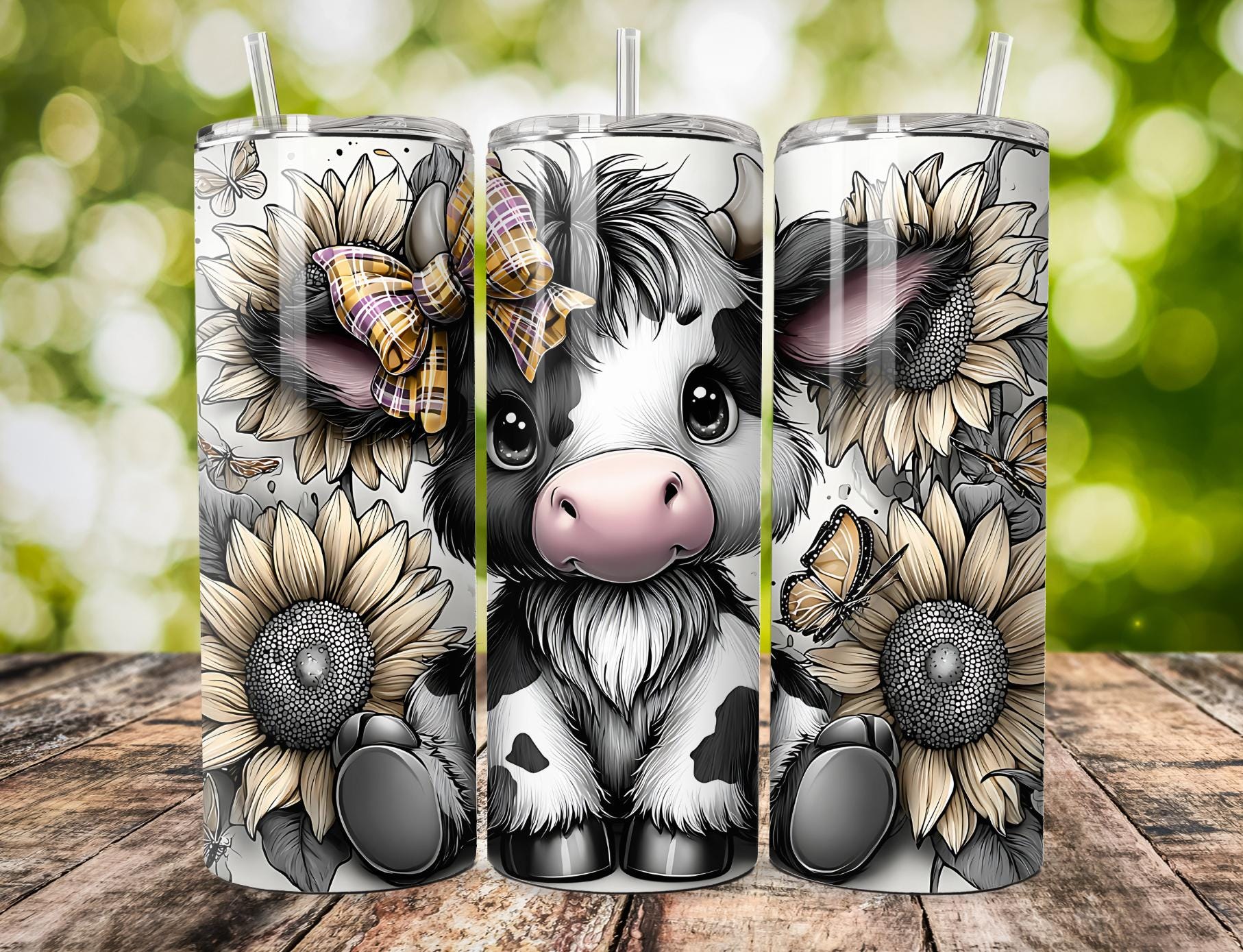 3 Bundle Black and White Highland Cow Flower Sublimation Design, Spring ...