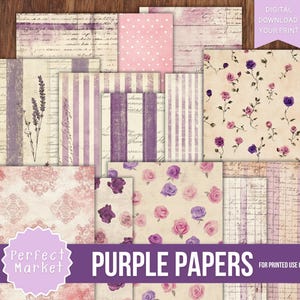 May include: A selection of purple patterned papers with floral, striped, and script designs. The papers feature shades of purple, pink, and cream. The text "Purple Papers" is displayed on a purple banner, with the words "Perfect Market" on a pink badge.