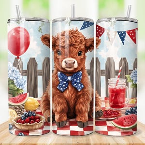 8 Bundle Highland Cow Patriotic Tumbler Wrap PNG, Cute American Cow Tumbler Design, Coquette 4th of July Skinny Tumbler Sublimation Design