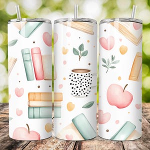 Confezione da 5 graziosi bicchieri a tema insegnante, materiale scolastico Coffee Books, 20 once, design sottile per sublimazione, download digitale per insegnanti, PNG