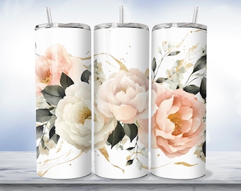 Paquete de 4 envoltorios florales rosas para vasos PNG, diseños de sublimación dorados, delgados de 20 oz, diseño de vaso sin costuras PNG
