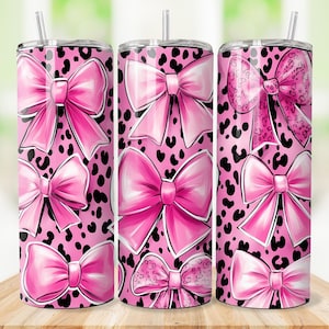 4 bundels roze flirtstrik met glitter luipaardvel beker wrap 20oz png, girly roze strikken, beker voor meisjesstijl, naadloos sublimatieontwerp