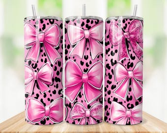 4 Bundle Pink Coquette Bow with Glitter Leopard Skin Tumbler Wrap 20oz PNG, Girly Pink Bows, Girl Style Tumbler, Seamless Sublimation Design