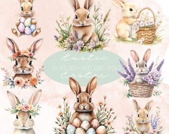 Cute Bunny Clipart, Easter Clipart, Bunnies and Wildflowers Clipart, Easter Bunny PNG, Wildflower PNG, Wildflower Meadow, Spring Clipart