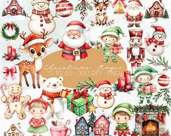 Sweet Christmas Clipart Bundle, Elf, Winter Holidays, Wreath, Cute Santas Village Clipart, North Pole, Christmas Village, Reindeer, Snowman