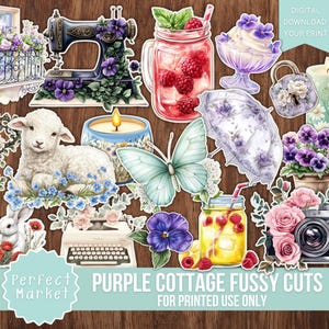 Purple Cottage FUSSY CUTS, Junk Journal, Farm Printable Digital Download, Vintage, Purple, Home, Floral, Spring