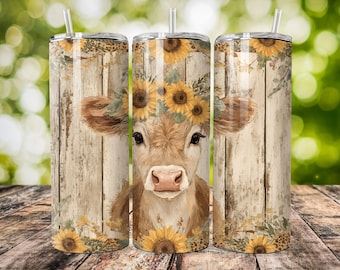 Funny Cow 20 oz Skinny Tumbler PNG, Moody Heifer, Sunflowers Sublimation Design, Tumbler Wrap, Digital Download - 3 PNG