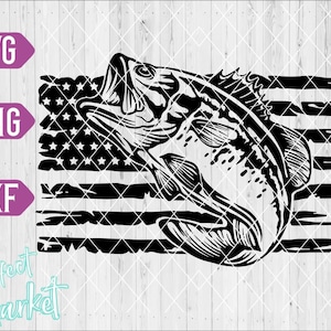 Puede incluir: Silueta en blanco y negro de un pez de bajo saltando fuera del agua frente a una bandera estadounidense deteriorada.