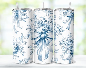 5 Bundle Bow Tumbler Wrap, Blue Chinoiserie Grand Millennial Tumbler Cup, Spring Coquette 20oz Skinny Seamless Design, Toile De Jouy PNG