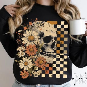 Retro Floral Skeleton PNG, Halloween Skull Design, Spooky Season, Checkered Design, Funny Skeleton Halloween PNG, Preppy Halloween PNG
