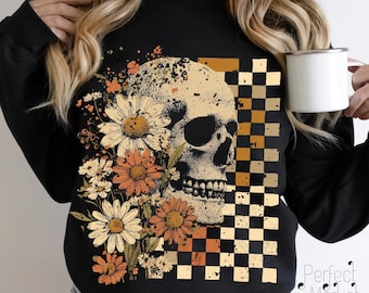 Retro Floral Skeleton PNG, Halloween Skull Design, Spooky Season, Checkered Design, Funny Skeleton Halloween PNG, Preppy Halloween PNG