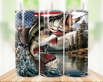 Patriotic Bass Fishing Tumbler Wrap, American Fisherman Wrap, USA Flag 20oz Skinny Tumbler, Digital Download - 4 PNG