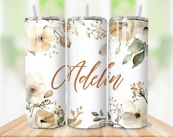 Paquete de 4 envoltorios florales beige PNG, descarga instantánea, envoltorio delgado para vaso de 20 oz, agrega tu propio texto de nombre, diseño de vaso sin costuras PNG