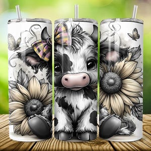 3 Bundle Black and White Highland Cow Flower Sublimation Design, Spring Highland Cow, Baby Highland Cow Sunflowers Tumbler Wrap PNG