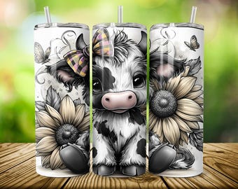 3 Bundle Black and White Highland Cow Flower Sublimation Design, Spring Highland Cow, Baby Highland Cow Sunflowers Tumbler Wrap PNG