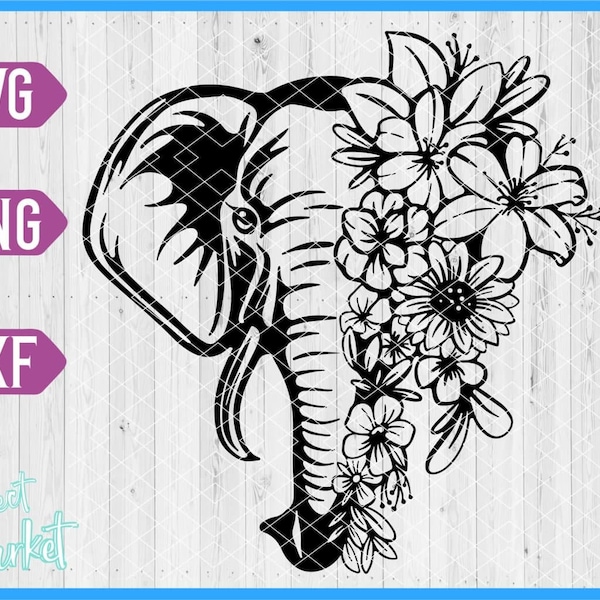 Fichier Svg éléphant floral, éléphant Svg, svg fleurs éléphant, svg animal floral, éléphant Clipart, Svg fleurs, fichiers de coupe fleurs