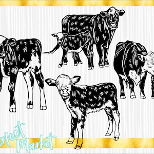 May include: Black and white silhouette illustrations of four cows. The cows are standing in different poses, with one cow nuzzling a calf. The illustrations are simple and elegant, and would be perfect for a farm-themed design project.