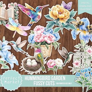 Coupes fines du jardin des colibris, journal indésirable, pastels doux, teintes arc-en-ciel, couleurs vives, oiseaux, printemps, autocollants, téléchargement numérique