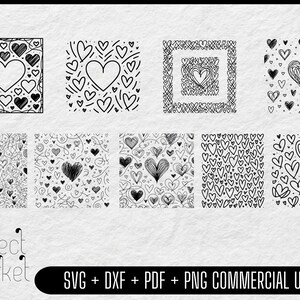 May include: Set of 10 black and white hand-drawn heart designs. The designs include hearts with swirls, hearts with dots, and hearts with lines. The designs are perfect for creating Valentine's Day cards, invitations, or other crafts.