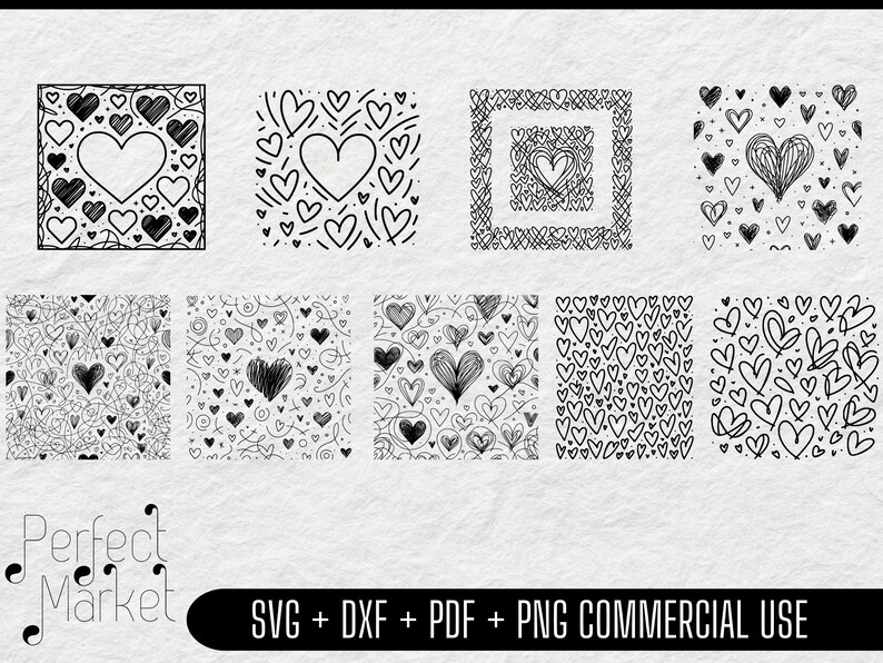 May include: Set of 10 black and white hand-drawn heart designs. The designs include hearts with swirls, hearts with dots, and hearts with lines. The designs are perfect for creating Valentine's Day cards, invitations, or other crafts.