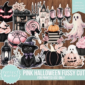 May include: A selection of pink and black Halloween-themed fussy cuts. Features a black cat in a witch hat, pumpkins, cupcakes, a ghost, a spiderweb, a lollipop, and a castle. The text says "Pink Halloween Fussy Cuts" and "For Printed Use Only."
