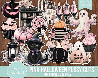 Pink Halloween FUSSY CUTS, Junk Journal, Spooky, Cute, Digital Download, Fall, Autumn, Stickers, Cricut, Planner