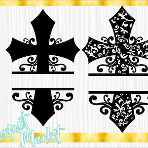 May include: Two black and white cross designs with ornate flourishes. The top cross has a floral pattern, while the bottom cross is solid black. Both crosses have a space for a name to be added.